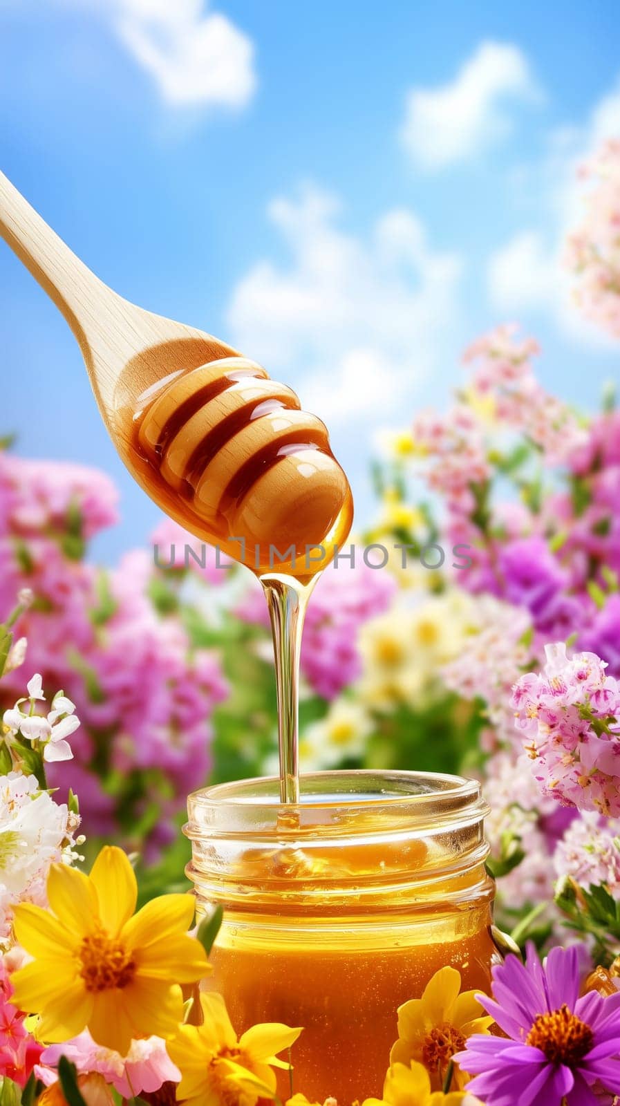 Honey dripping from honey dipper into a glass jar surrounded by colorful flowers with a blue sky background.