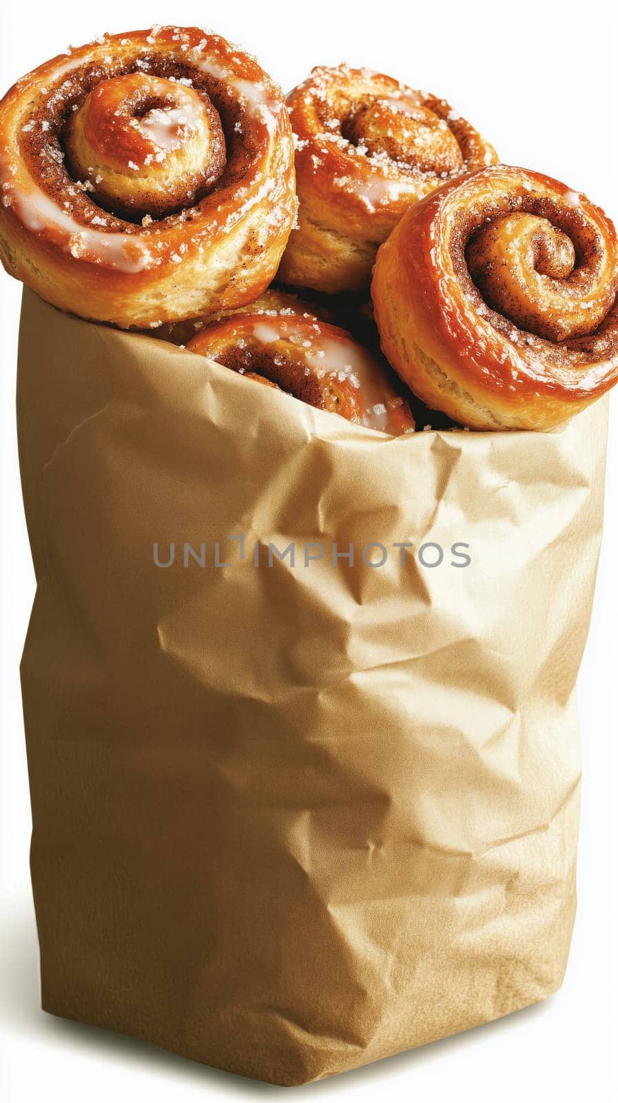 Freshly baked cinnamon rolls with icing sugar are spilling out of a paper bag