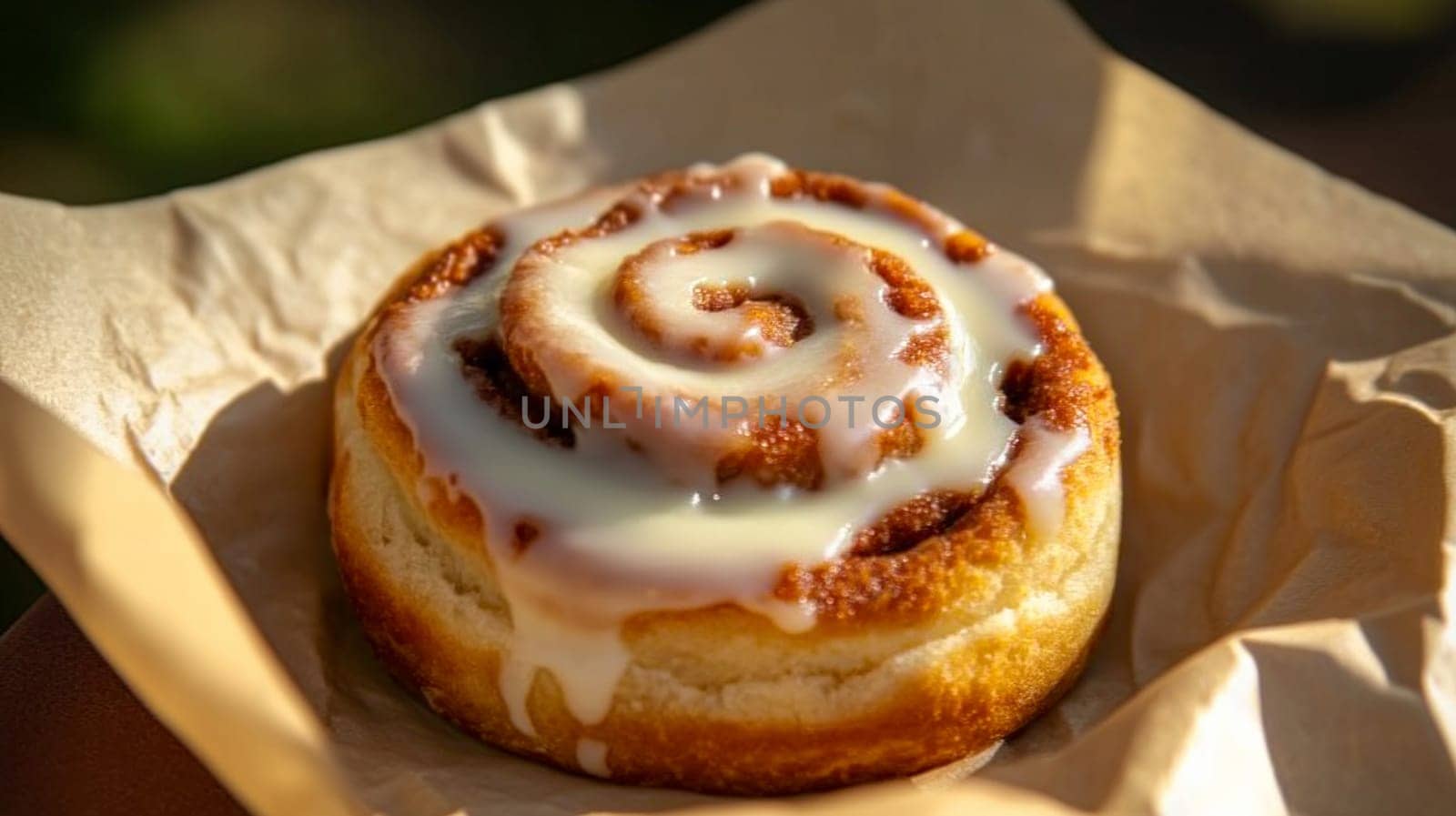 Freshly baked cinnamon roll covered in sweet icing, creating a tempting treat