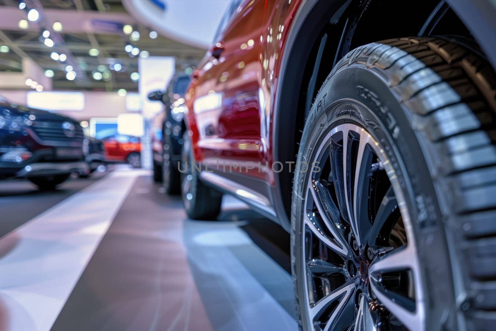 Close-up view of a car exhibition displaying various vehicles with an emphasis on tire designs. the focus on the tires ir distinct features, patterns, and aesthetics, offering insight into automotive innovation and style.