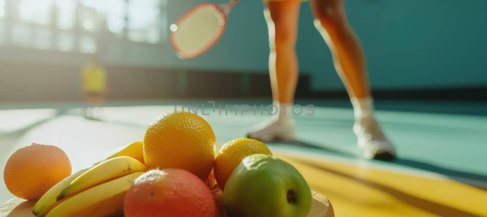 A badminton player takes a break, enjoying fresh fruits including bananas, apples, and oranges, healthy eating and sports nutrition against the backdrop of a sunlit indoor court.