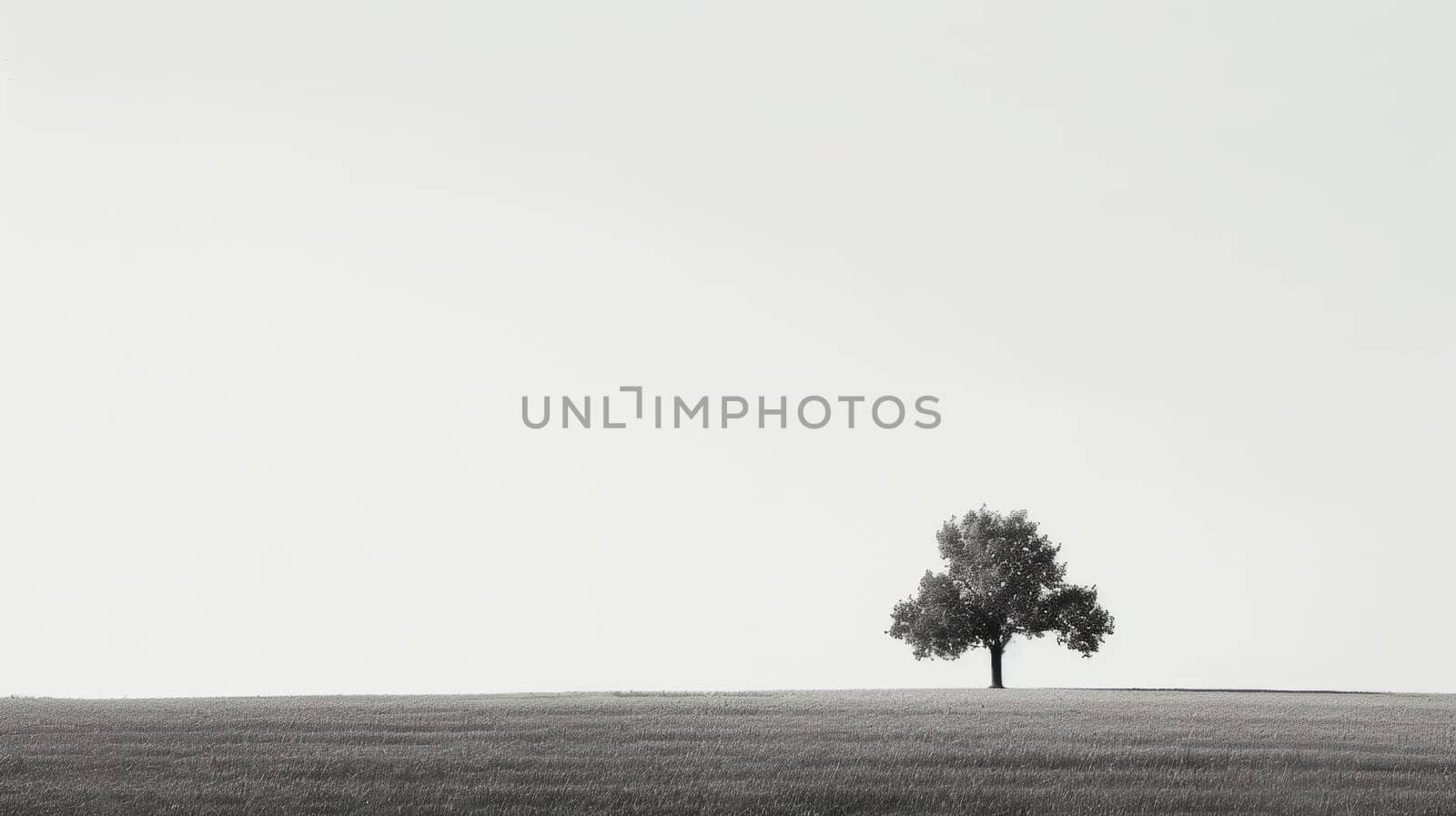 A minimalist black and white photograph featuring a lone tree in an expansive field. this stark composition emphasizes solitude and introspection, capturing the serenity of an unadulterated landscape with a timeless aesthetic.