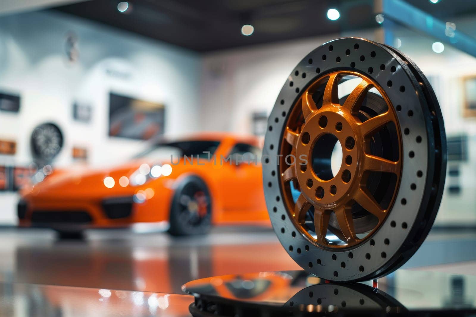 High-performance brake pads showcased with a sleek sports car in the background, emphasizing modern automotive design, precision engineering, and quality craftsmanship. the setting accentuates the innovation in vehicle parts.