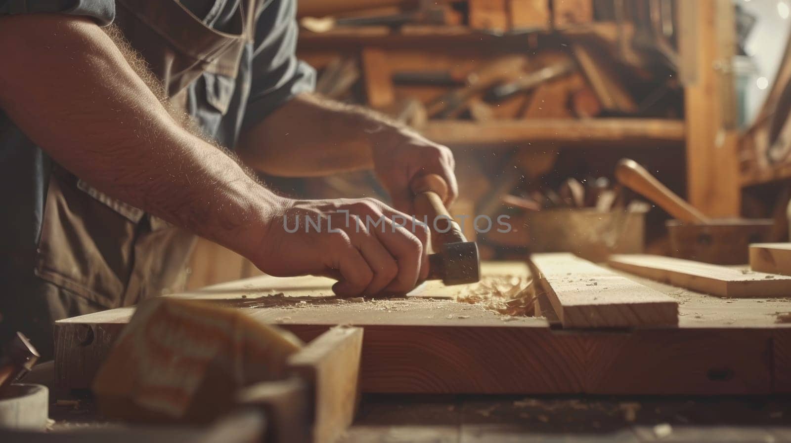 A skilled carpenter works diligently, hammering wooden planks to construct a furniture frame. the workshop is filled with woodworking tools and materials, emphasizing craftsmanship and the art of furniture making in a rustic setting.