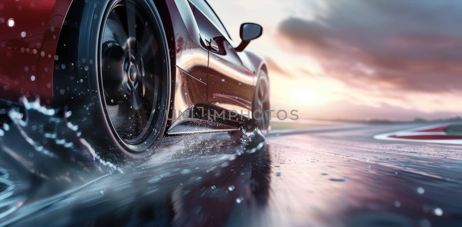 A dynamic action shot of a sports car braking hard on a racetrack, showcasing the brake pads' performance under extreme conditions. the image conveys a sense of speed, power, and precision in a high-adrenaline motorsport environment.
