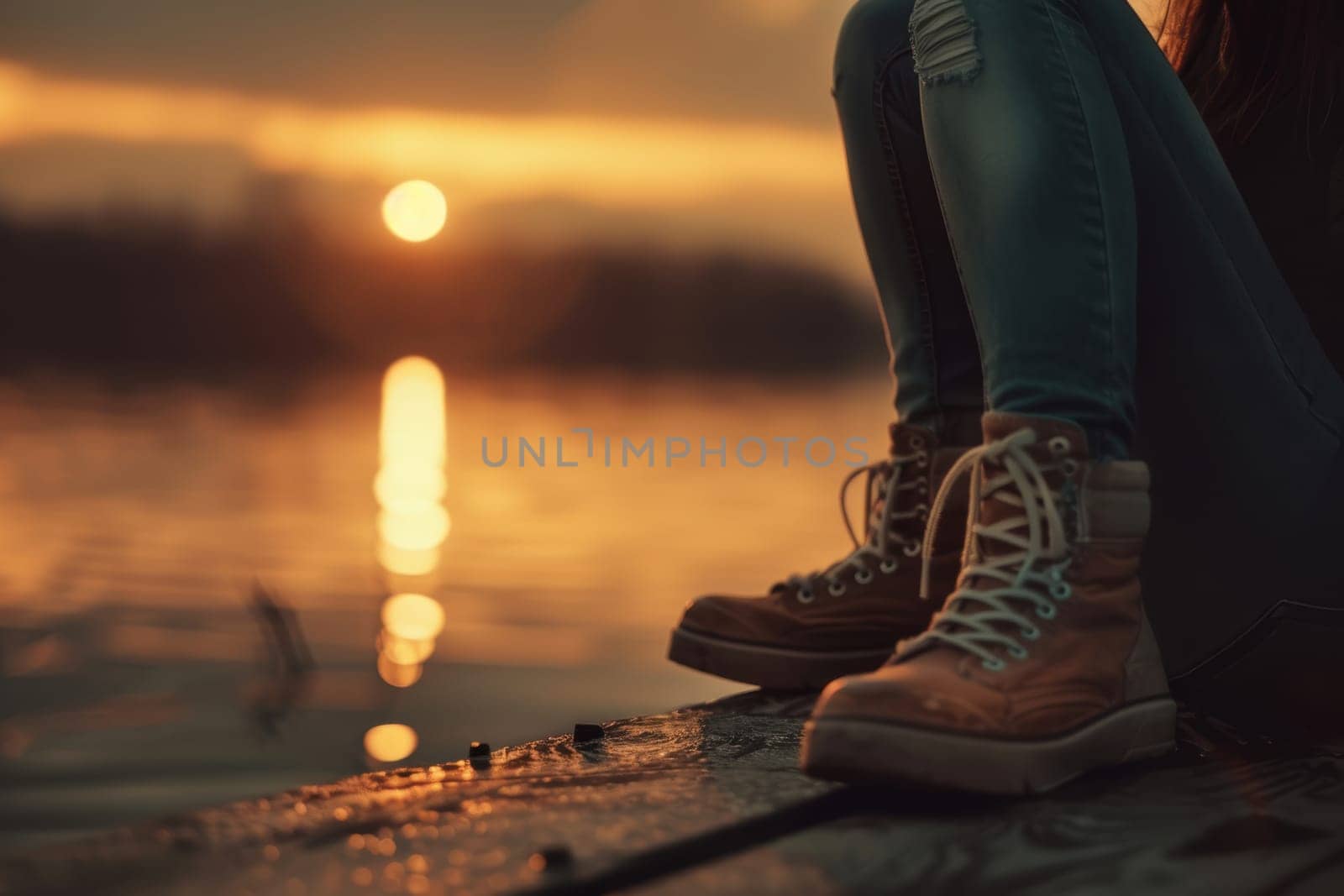 Young woman seated on a pier, feet dangling as the sun sets over a tranquil lake. the scene conveys a sense of peace and introspection, with warm hues reflecting across the water, ideal for themes of relaxation and contemplation.