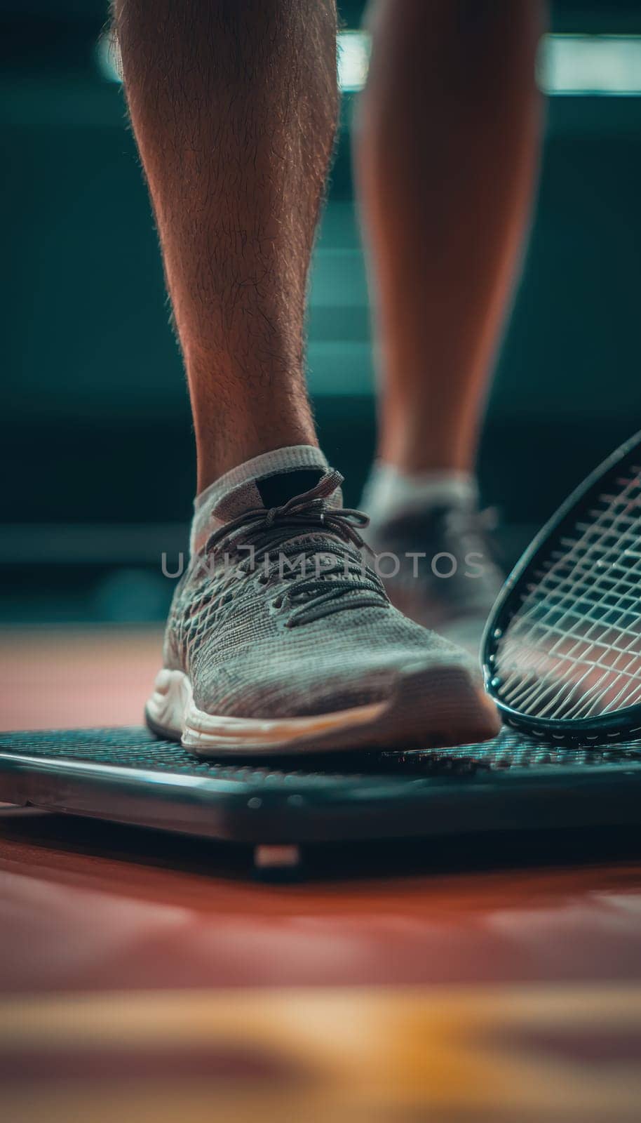 Close-up of a badminton player's feet on a court scale, fitness progress post-game. a racquet leans nearby, emphasizing dedication to health and sport. ideal for sports, fitness, and health-related themes or designs.