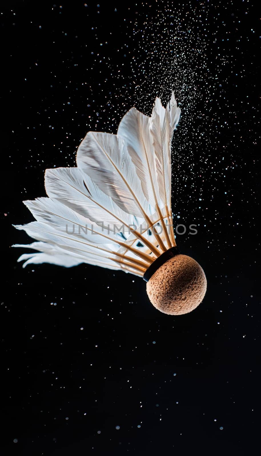 Detailed shot of a badminton shuttlecock in motion, the intricate feathers and cork base. captured mid-air with motion blur to emphasize speed, this image illustrates the dynamic nature of the sport against a dark background.