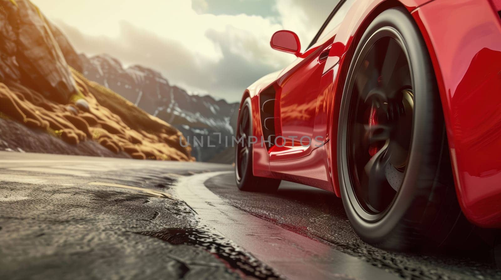 Luxury sports car navigating a winding mountain road, emphasizing high-performance brakes and sleek design. the scene conveys speed, quality, and precision, set against a backdrop of rugged mountains and a dynamic road curve.