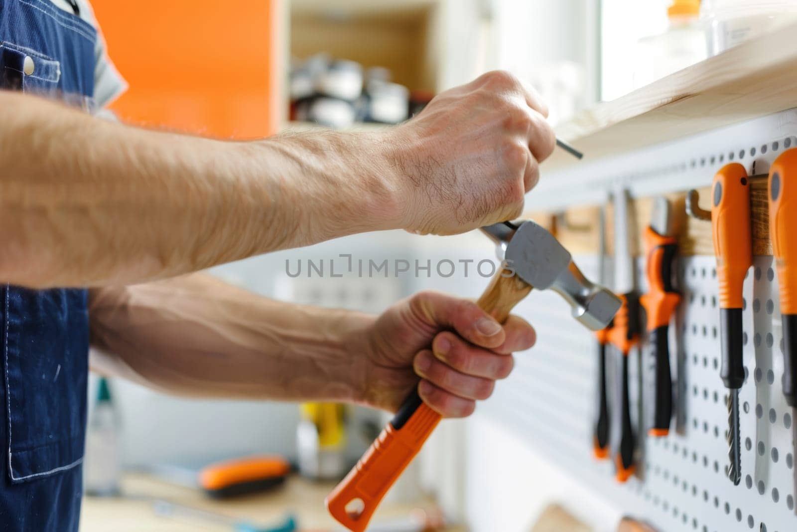 A home improvement enthusiast uses a hammer to fix a shelf, showcasing a bright and organized home workspace equipped with tools. this setting creativity, functional design, and diy projects in a vibrant environment.