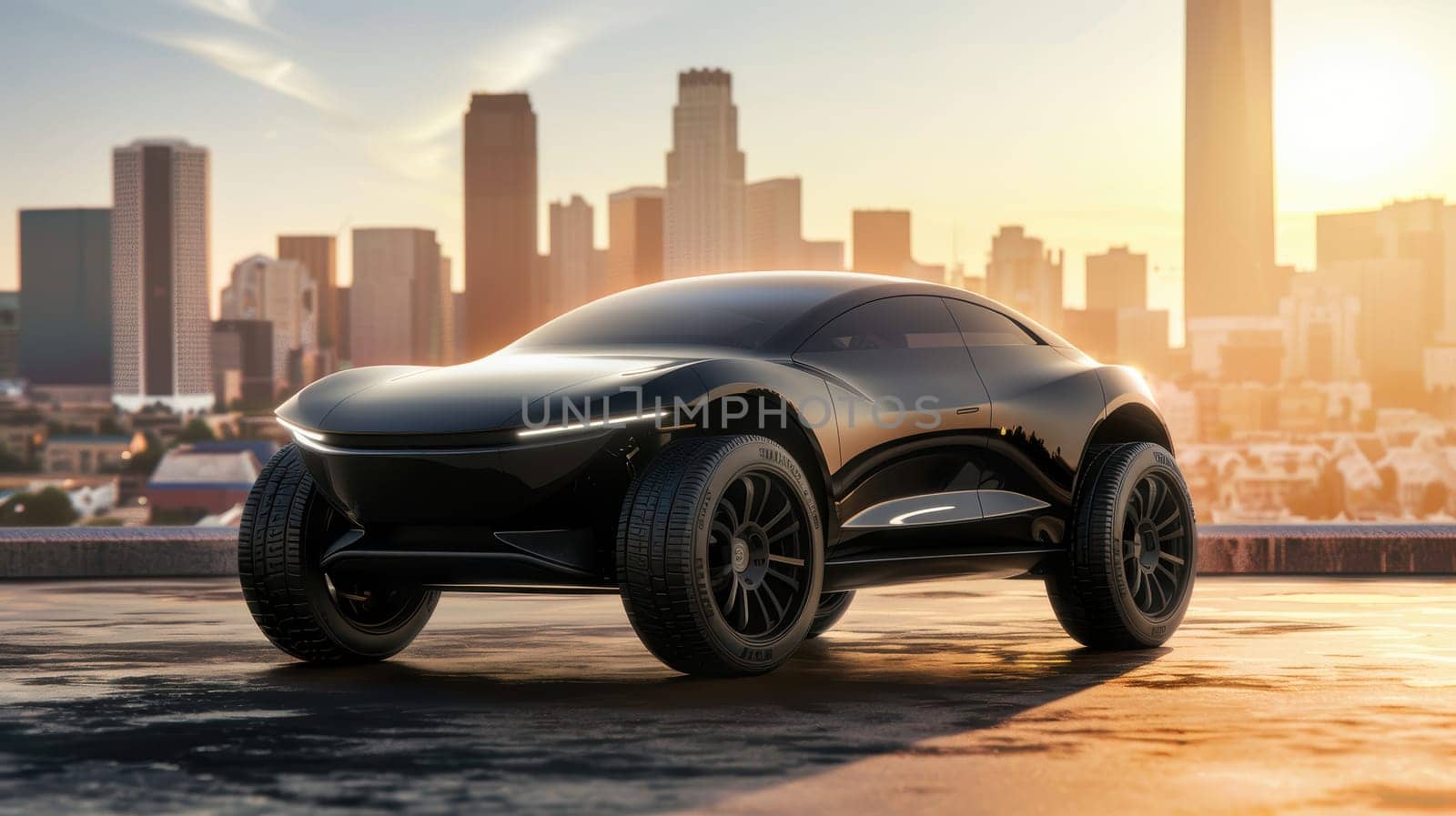 Futuristic electric suv with matte black finish and streamlined design, set against a city skyline at sunset. emphasizing innovation in urban mobility and sustainable transportation, the suv reflects modern aesthetics in a metropolitan backdrop.