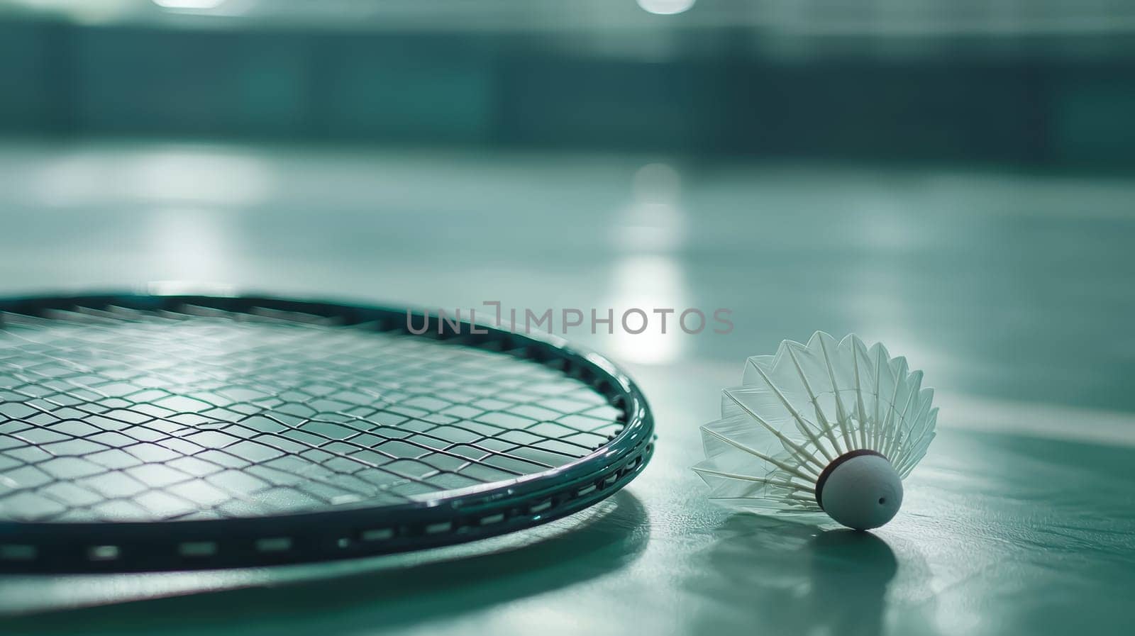 Detailed close-up of a badminton racquet and shuttlecock on a court surface, emphasizing the intricate racquet strings and shuttle features. the image highlights the quality and craftsmanship, perfect for sports, recreation, and equipment themes.