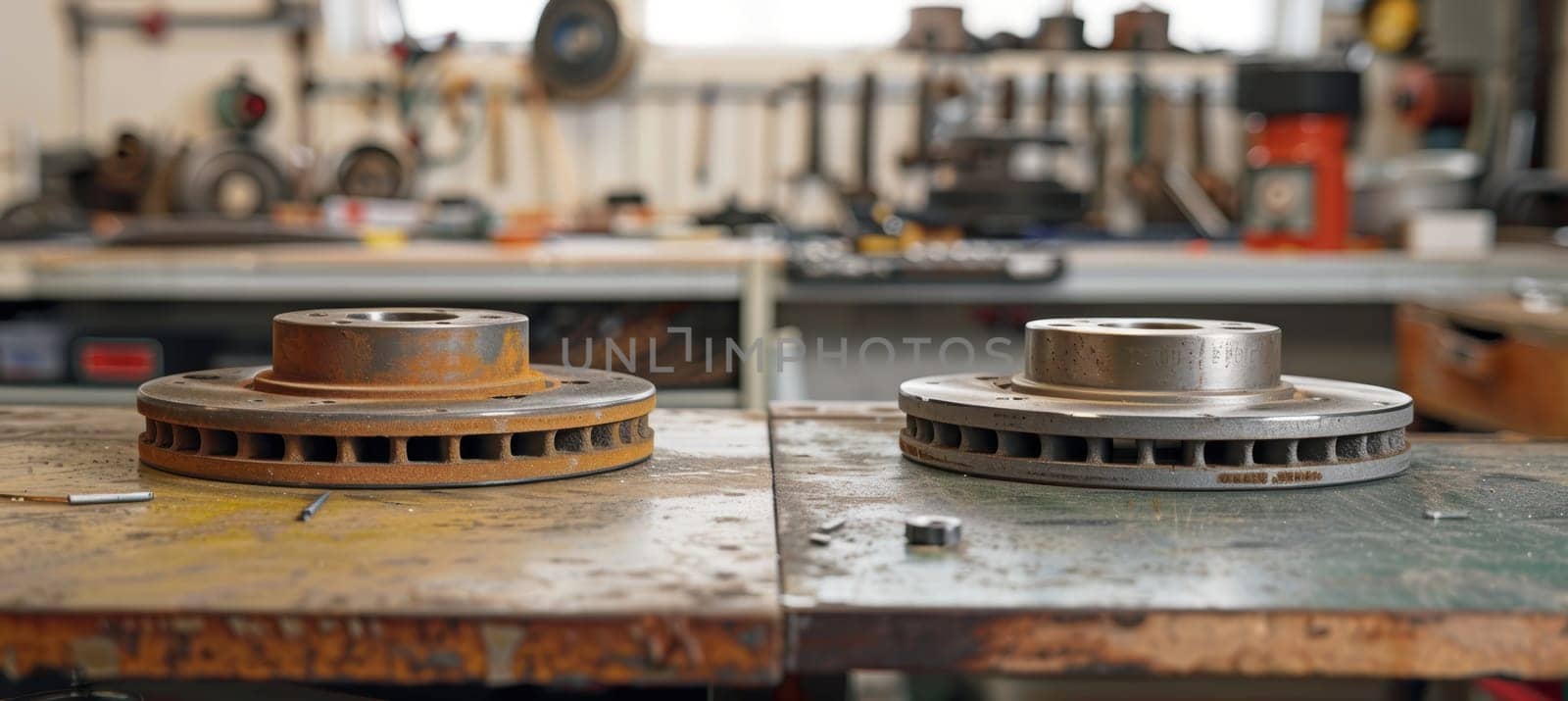 New and worn brake rotors displayed side by side on a workbench in a garage setting. the image visible differences in wear, set against a backdrop of tools and equipment, providing insight into automotive maintenance.