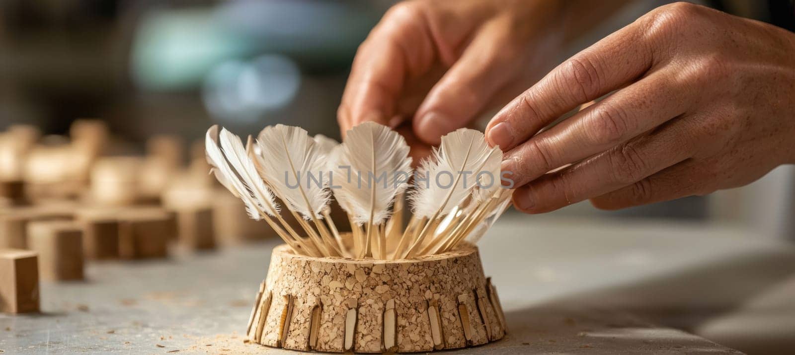 Hands delicately place feathers into a cork base, the skilled craftsmanship required in shuttlecock assembly. the focus on detail and precision artistry behind creating quality badminton equipment.