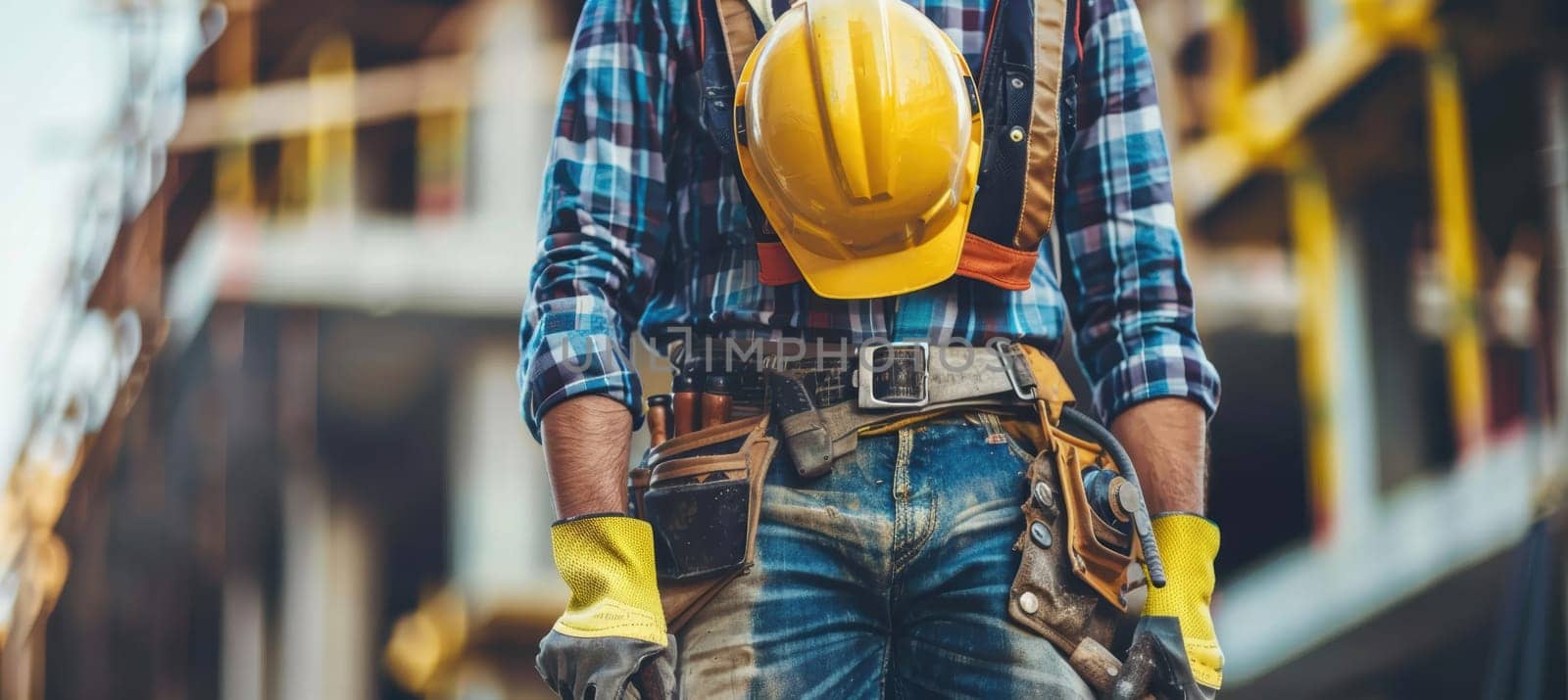 A construction worker displays precise hammering techniques while equipped with full safety gear. emphasizing the importance of workplace safety, the image showcases tools in the tool belt and a background of an active construction site.
