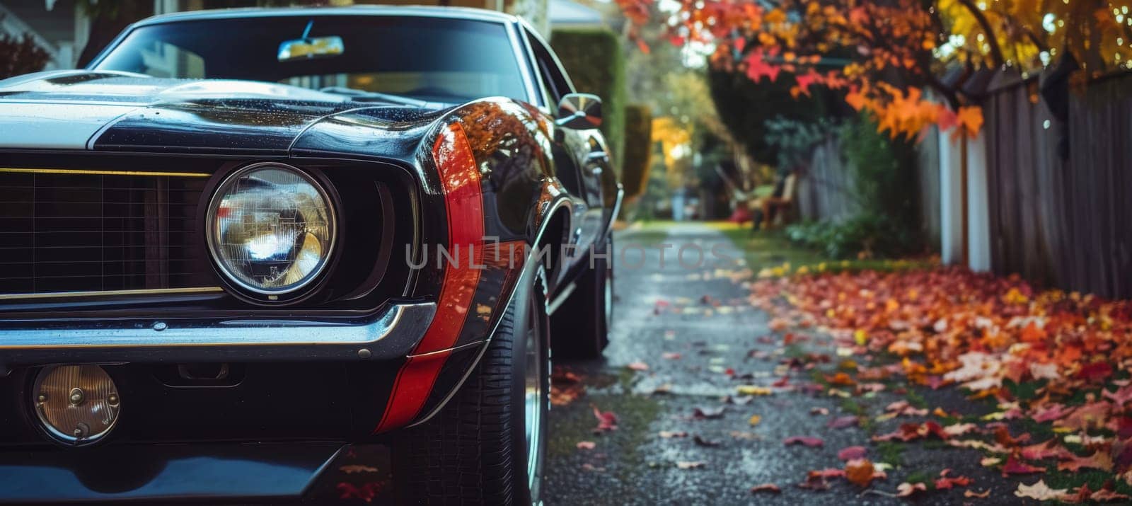 A classic muscle car with sleek racing stripes and a glossy black finish is parked on a quiet suburban street. vibrant autumn leaves line the road, creating a picturesque scene that combines nostalgia with the beauty of fall.