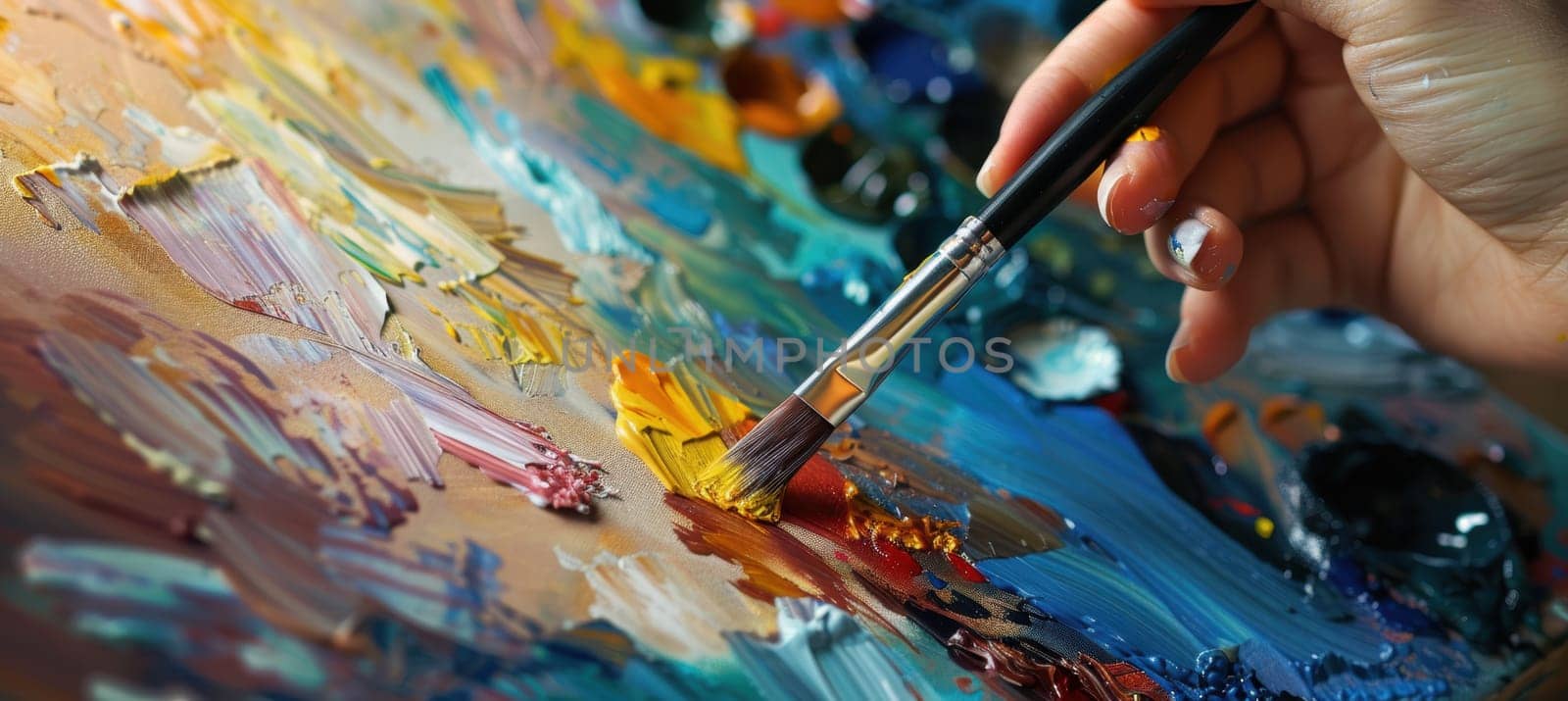 Close-up of an artist's palette with subdued yet vibrant colors, featuring a hand holding a brush above. an abstract work in progress is visible on the canvas background, showcasing dynamic and colorful brush strokes.