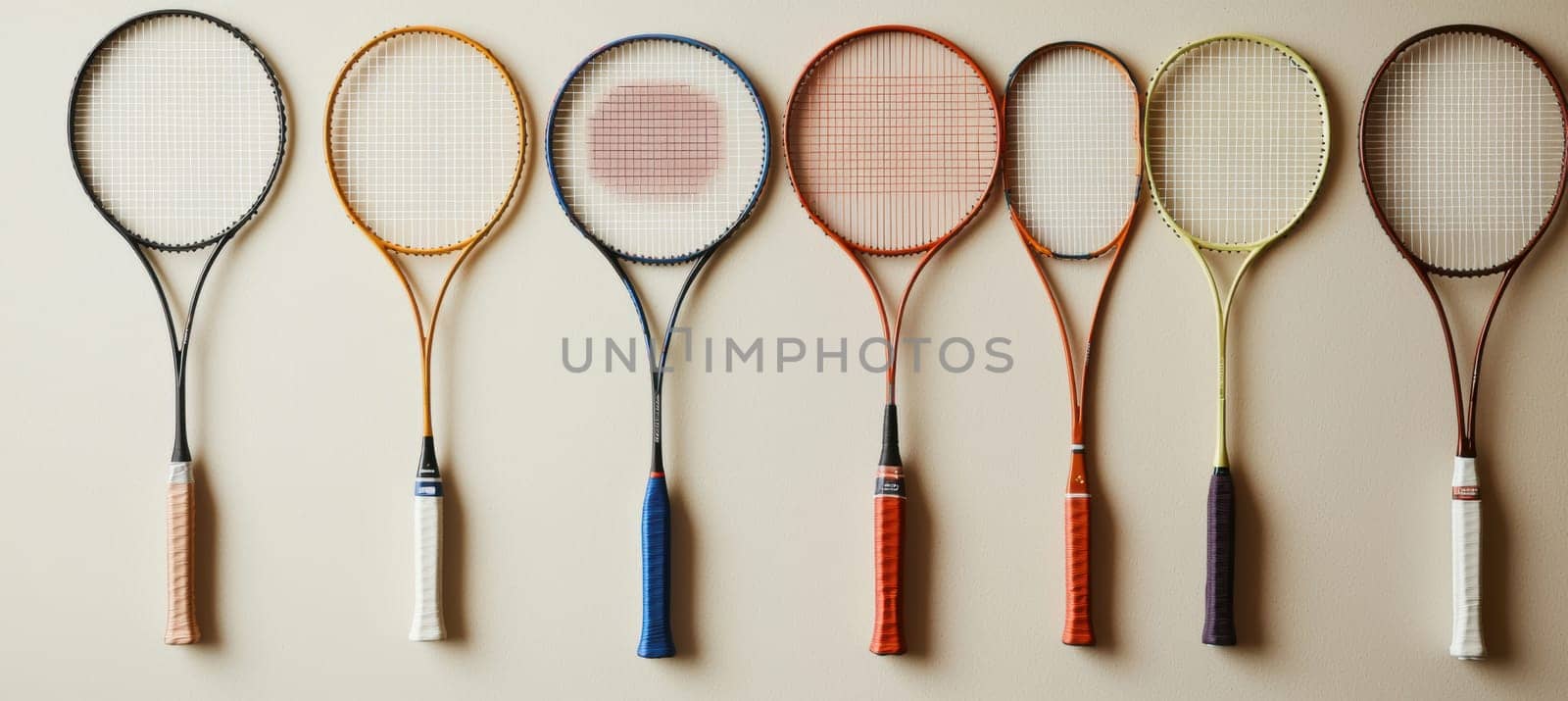 A collection of badminton racquets displayed against a neutral backdrop, an array of diverse grips, head shapes, and vibrant string colors. an ideal visual for showcasing sports equipment diversity and design options.
