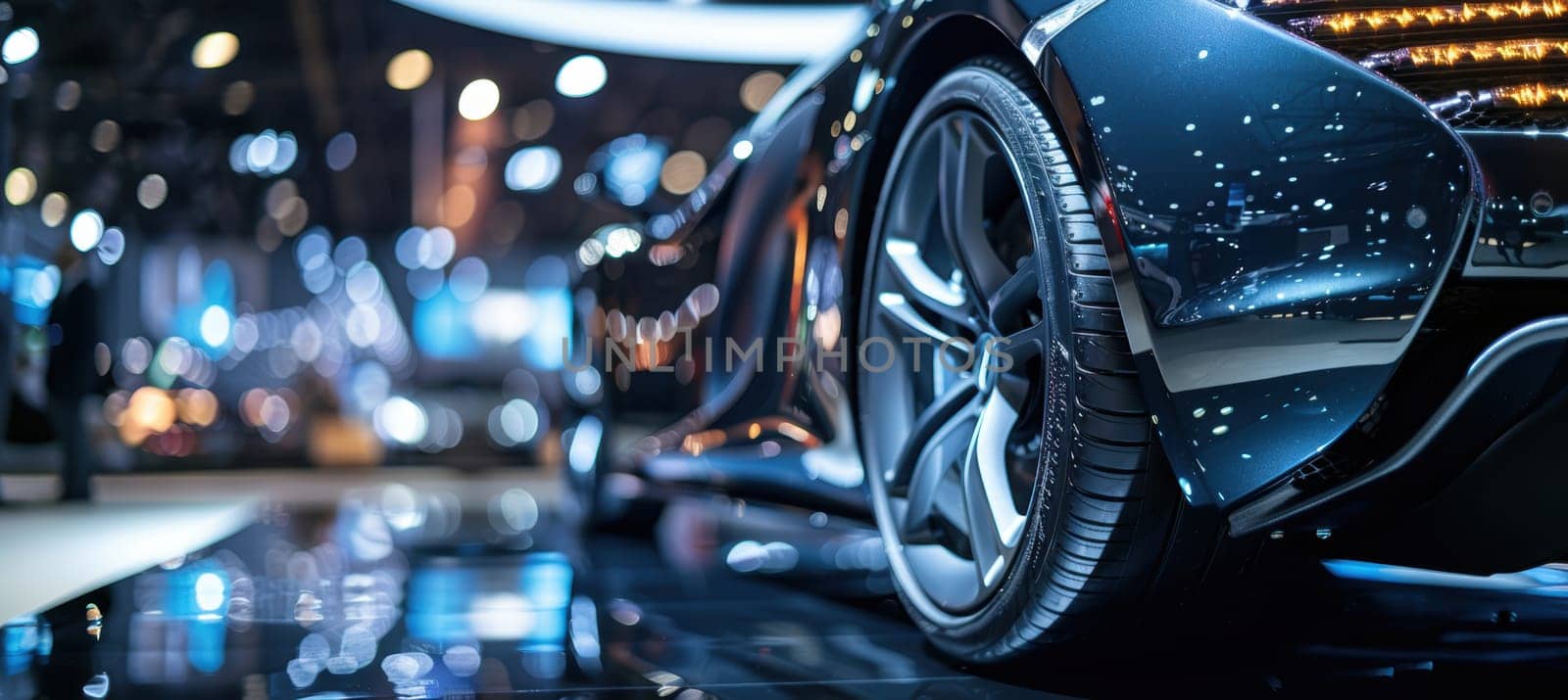 Luxury sports car showcased at an auto show, featuring premium tires under bright spotlights. the image emphasizes tire design, performance capabilities, and the sleek, elegant lines of the vehicle, with a blurred background of event lights.