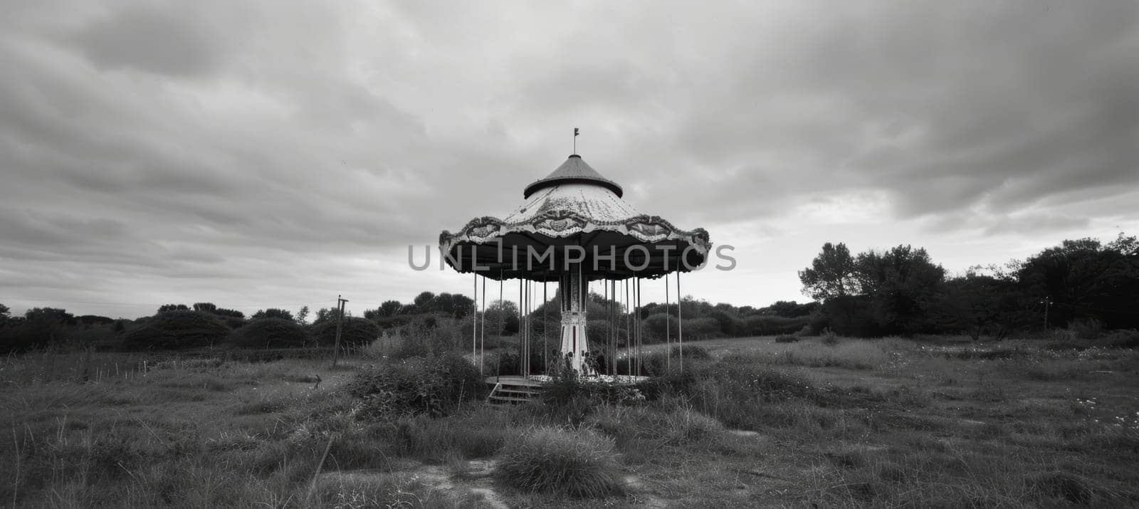 Black and white photo of a deserted carousel amid an overgrown field, conjuring nostalgia and forgotten joy. the desolate atmosphere, coupled with stark contrasts, emphasizes the passage of time and the eerie stillness of the scene.