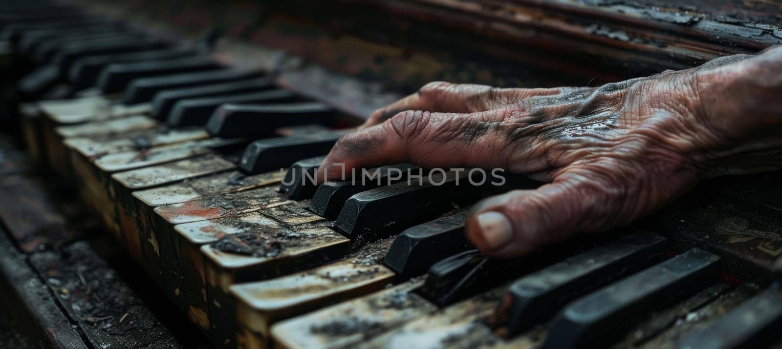 Close-up of a person's hand resting on a worn piano keyboard, the texture and aged condition of the instrument. the image evokes nostalgia and emotional depth through the visible wear, suggesting a rich history.