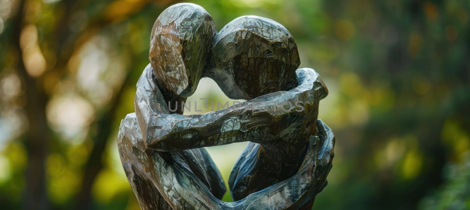 A weathered abstract sculpture in a public park featuring intertwined figures in a tender embrace. the textured form symbolizes connection and solitude, elegantly blending art with nature amidst the tranquil park setting.