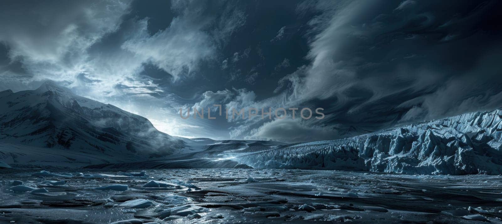 Glacier landscape beneath a stormy sky with dark clouds casting shadows over the ice, nature's raw beauty and power. dramatic contrast between the rugged glacier and turbulent atmosphere creates a breathtaking scene.