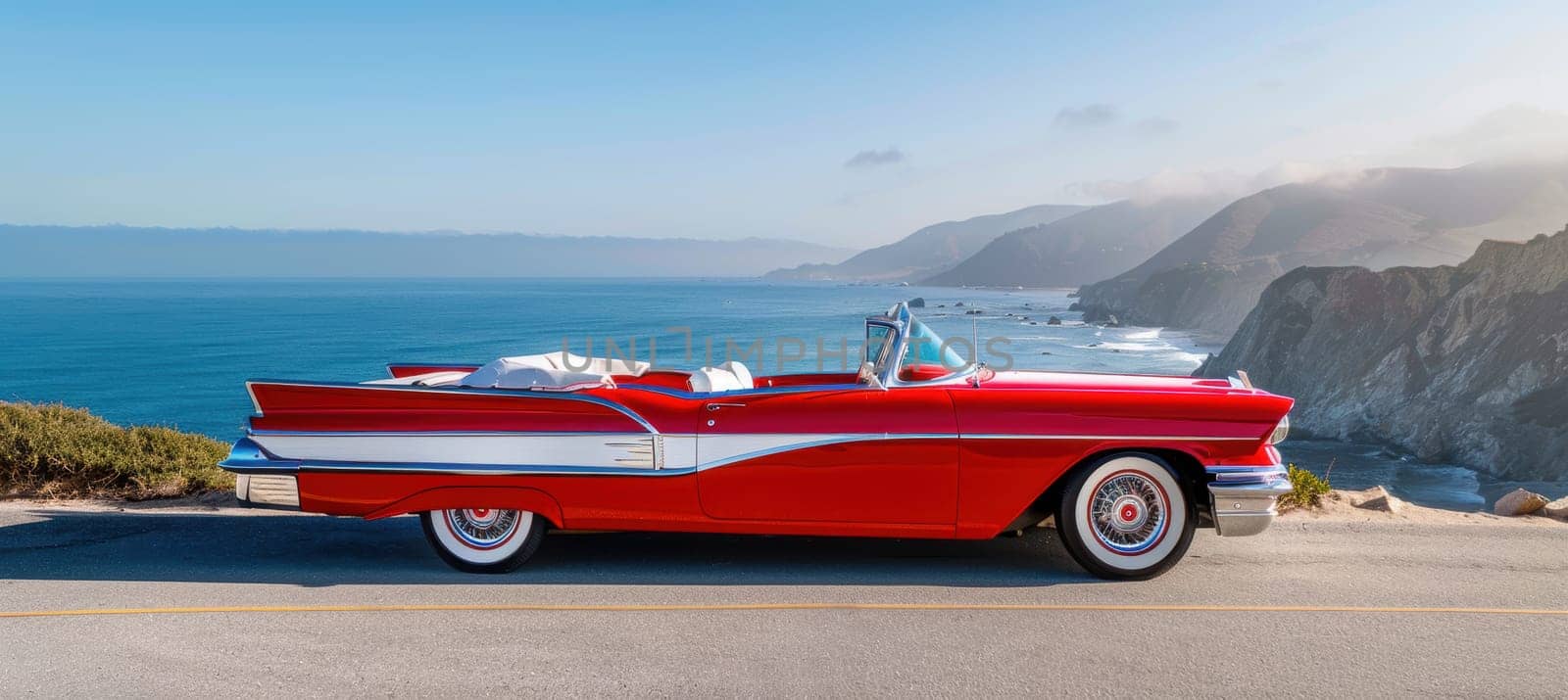 Classic red convertible with white interior parked on a scenic coastal road. features stunning ocean views and dramatic cliffs in the background, creating a perfect setting for vintage travel enthusiasts and car lovers.