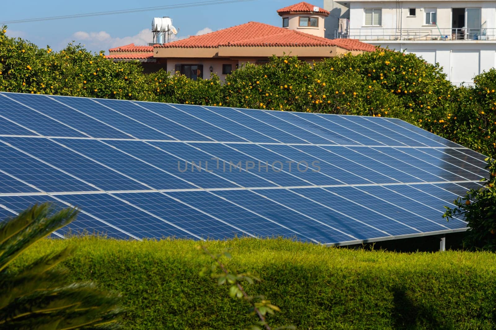 Beneath a radiant sun, solar panels generate renewable energy in a vibrant green landscape surrounded by homes.