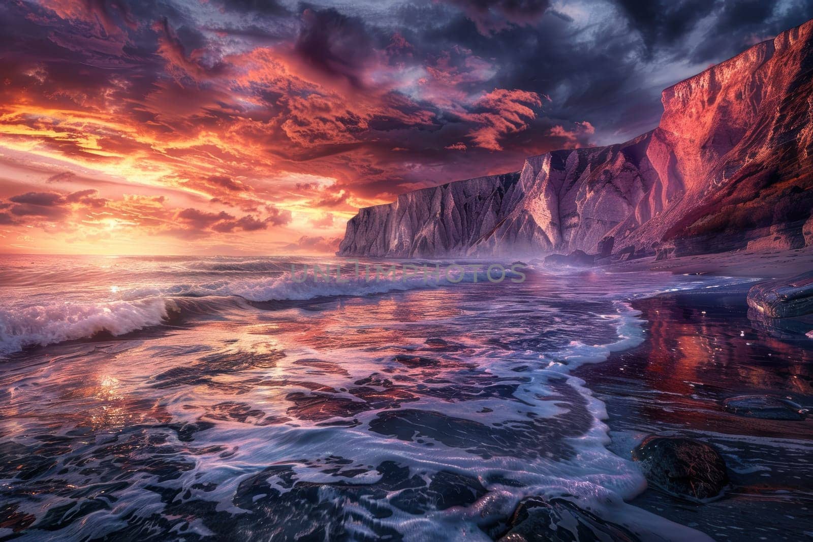 Dramatic coastline during dawn showcases rocky cliffs with waves crashing against them. the vibrant sky's colors reflect vividly in the water, creating a powerful visual effect. ideal for landscape photography and dramatic scene enthusiasts.