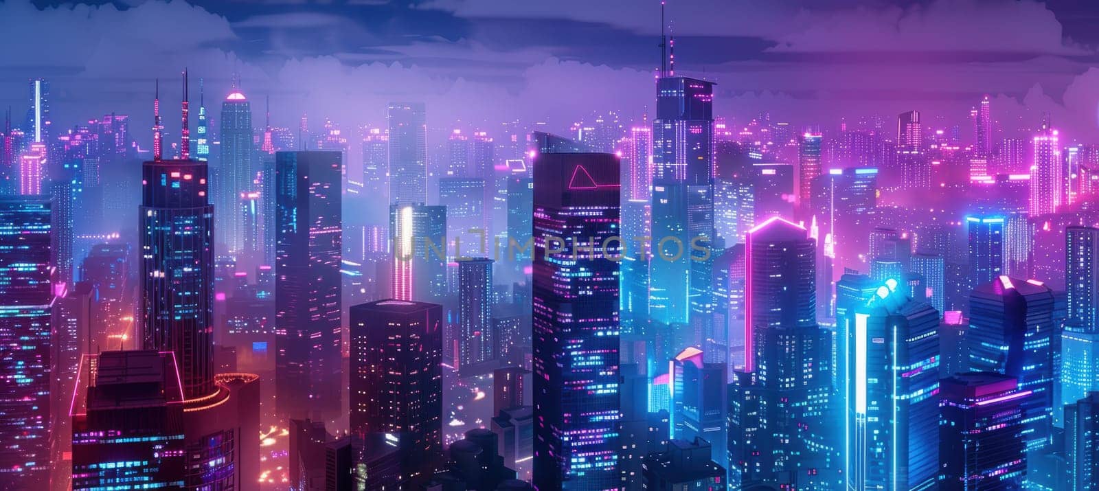 Futuristic cityscape featuring towering skyscrapers illuminated by neon lights, creating a vibrant, energetic atmosphere. the scene evokes the excitement of urban life, showcasing modern architecture and a lively, bustling night skyline.