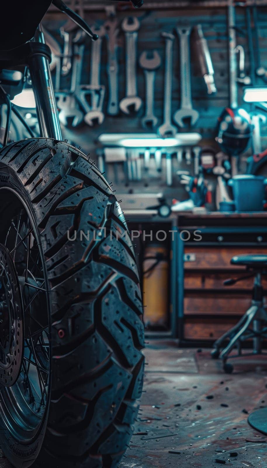 Detailed view of a motorcycle tire's tread pattern, emphasizing performance and safety. the backdrop features a garage filled with tools and equipment, a workshop setting perfect for automotive enthusiasts and mechanics.
