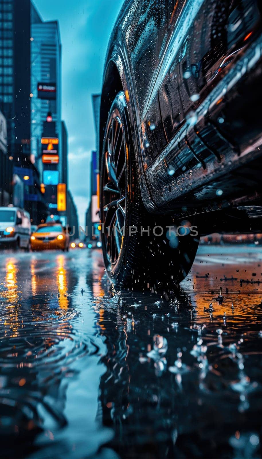 Modern car navigating a rain-soaked city street, its cutting-edge tires effectively dispersing water. the scene captures urban mobility, emphasizing control and grip, with vibrant reflections from city lights.