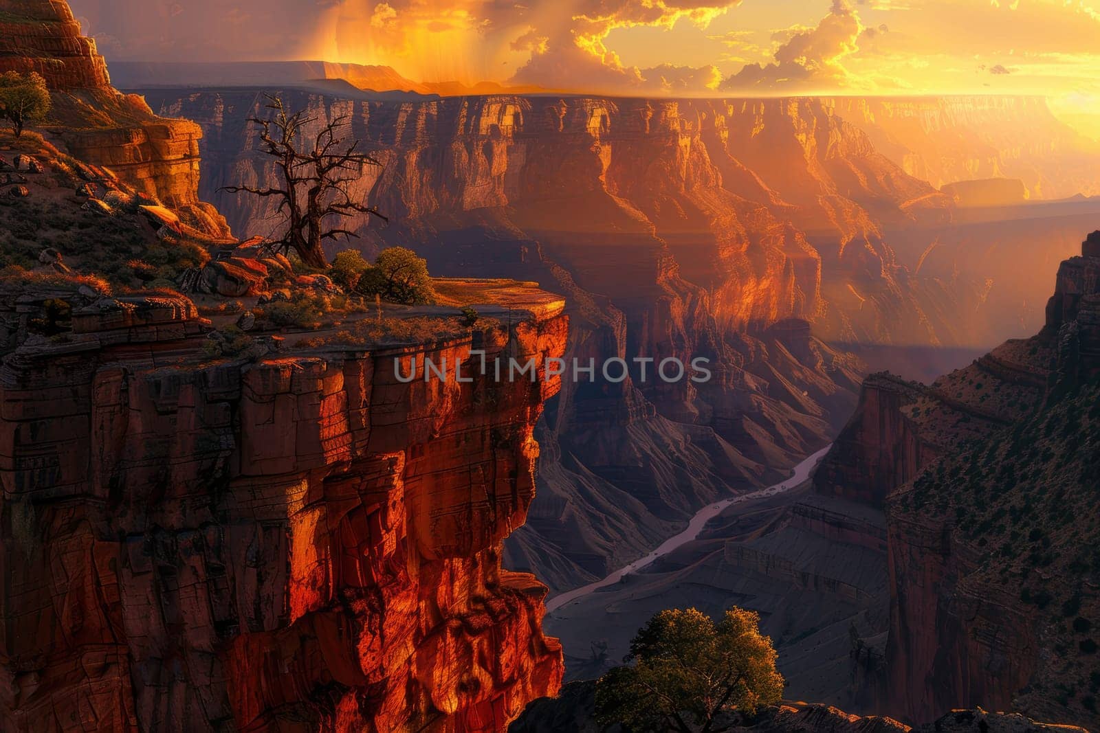 Majestic canyon scene at sunrise with illuminated cliffs and a flowing river. the rich colors and dynamic lighting evoke wonder and appreciation for natural beauty, making it ideal for travel and nature design use.