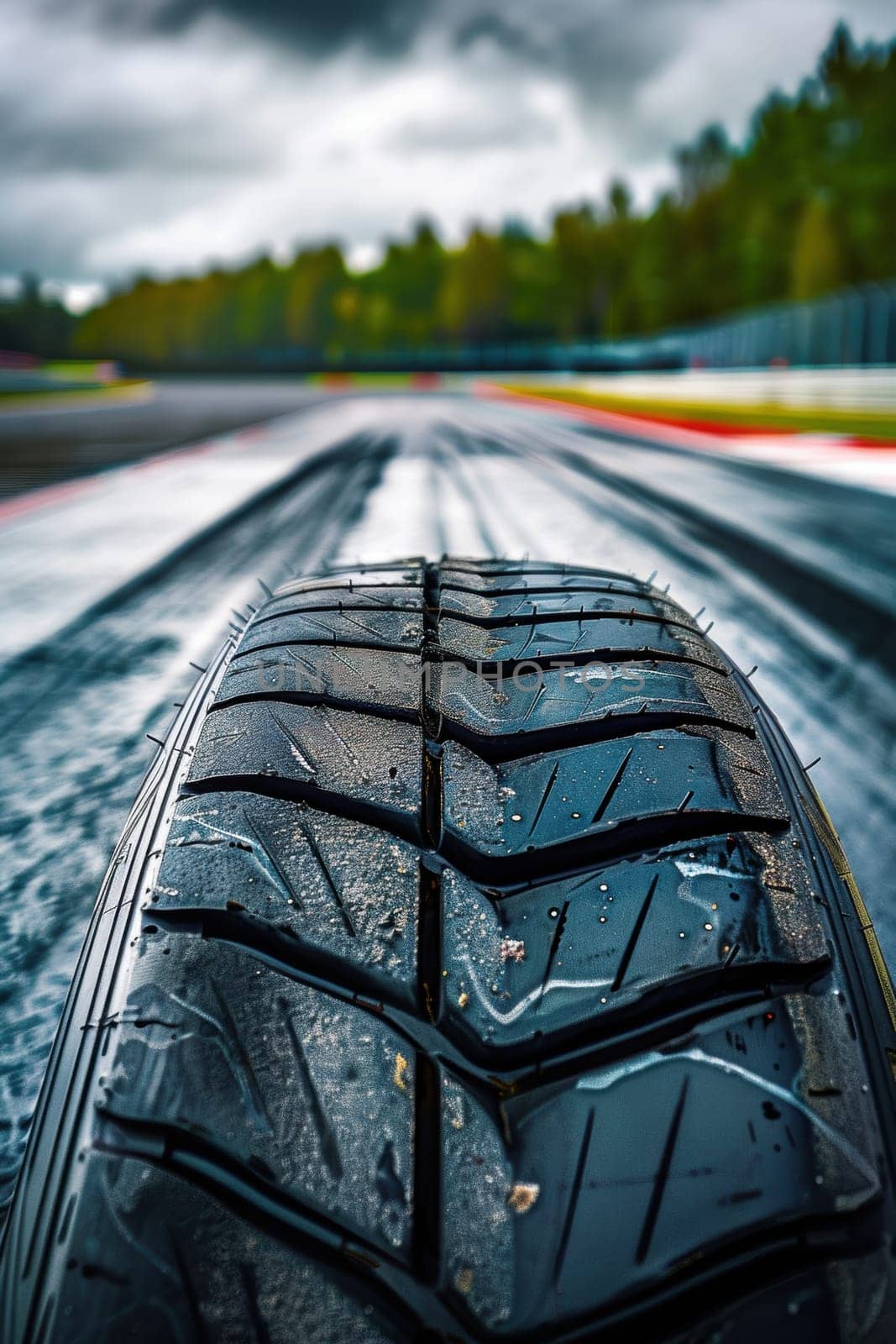 Close-up of a racing tire's tread pattern on a racetrack, illustrating its design for high-speed driving. emphasizes the tire's grip and durability, set against a blurred backdrop of the racetrack and surrounding greenery.