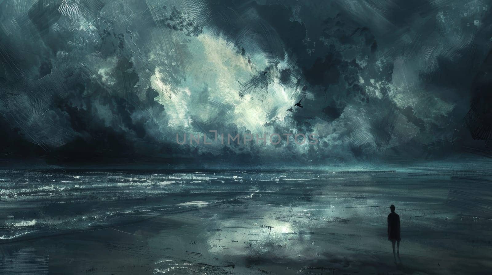 A solitary figure stands on a stormy beach at dusk, surrounded by crashing waves and an ominous, cloud-filled sky. the dramatic lighting and turbulent atmosphere highlight themes of solitude and the power of nature.