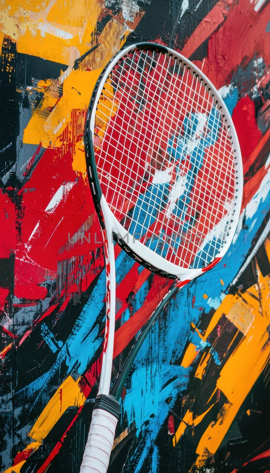 Tennis racket with a white handle positioned against a vibrant abstract art backdrop featuring dynamic red, yellow, and blue brushstrokes, blending sports equipment with modern artistic expression, ideal for design and sports-themed projects.
