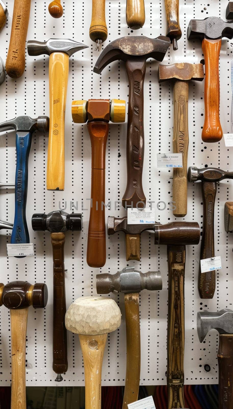 Display of various hammers including ball peen, claw, and mallet types, organized on a pegboard in a hardware store. each hammer features a label describing its specific use, offering insight into tool functions for diy or professional projects.