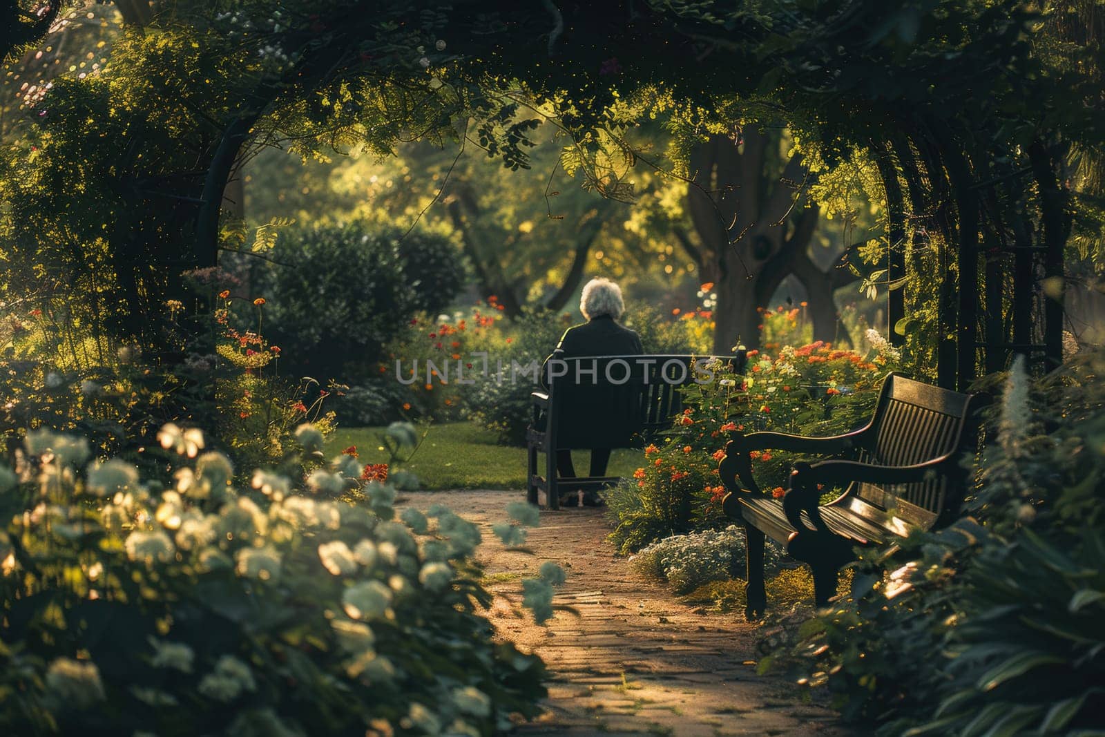 A serene garden scene featuring a person seated on a bench surrounded by vibrant flowers and lush greenery. the soft, warm sunlight filtering through the foliage enhances the tranquil and reflective atmosphere, perfect for relaxation.