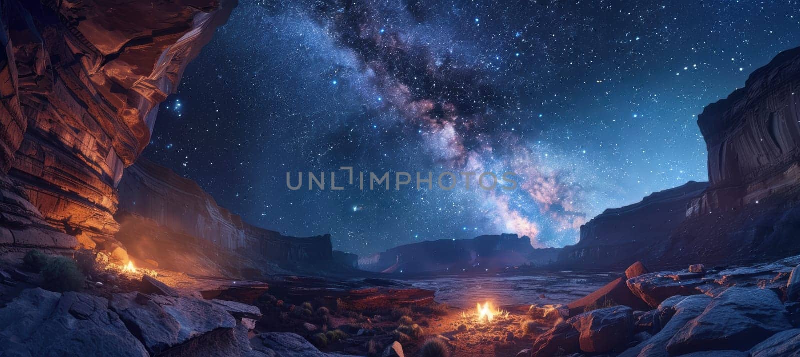 Experience the wonder of a starry night in a vast canyon landscape, featuring the milky way arching across the sky. a campfire glows warmly in the foreground, adding an inviting atmosphere to the majestic natural scene.