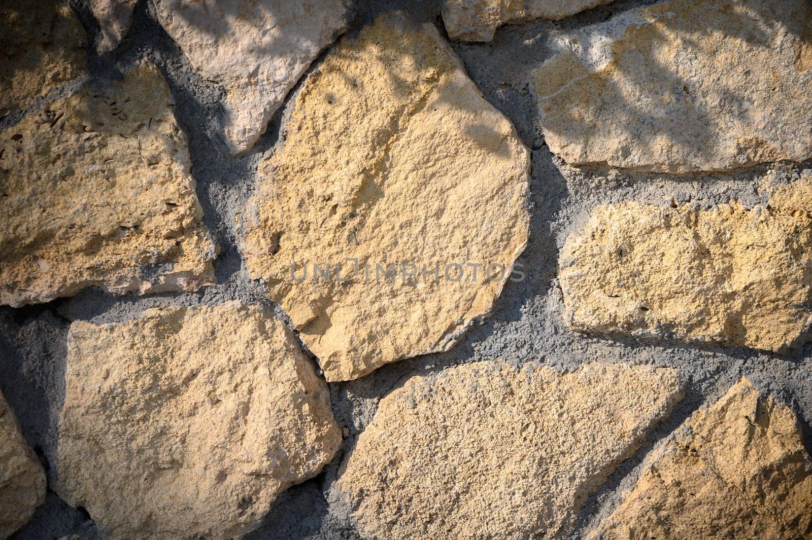The sunlight casts gentle shadows on a rustic stone wall, revealing its unique textures and warm colors beautifully.