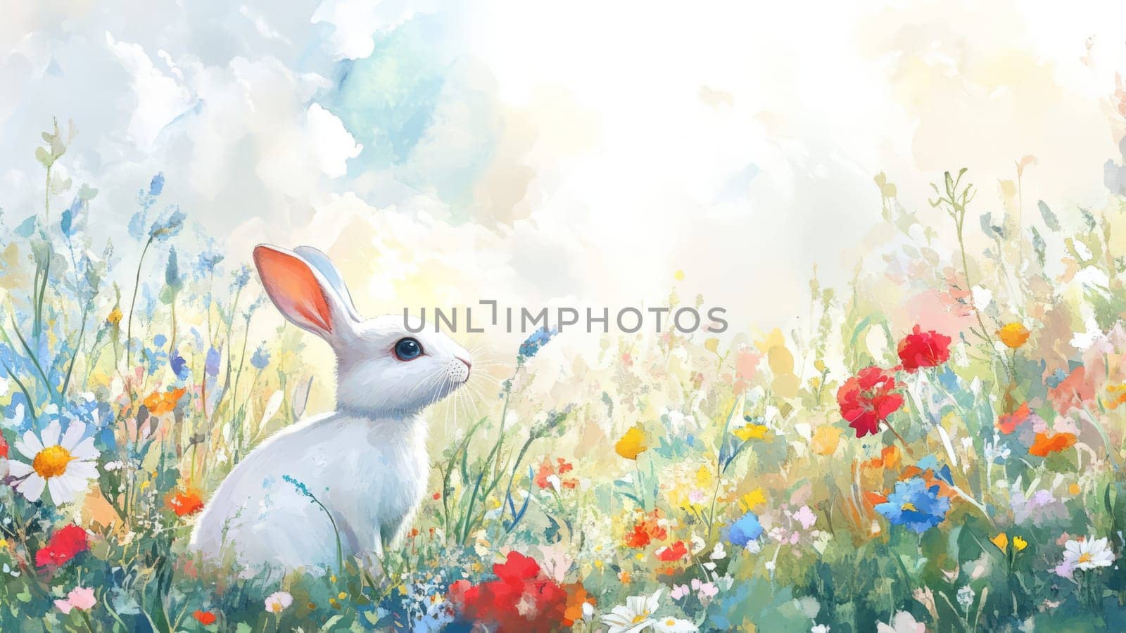 Painting of a white bunny in a field with daisies for Easter holiday