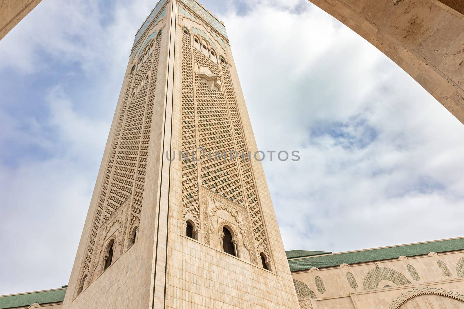 Closeup view of the tower of Hassan II  Mosque.  built in 1993. Horizontally. 