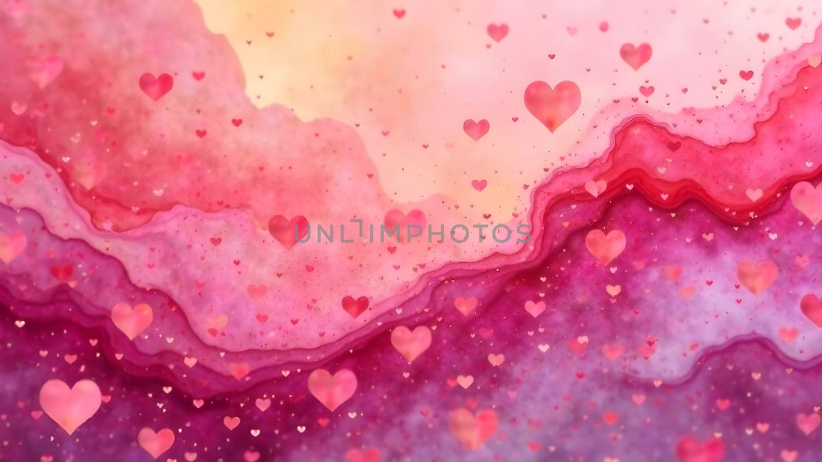A romantic abstract background featuring vibrant pink and pastel shades, with hearts of various sizes seemingly floating in the air. High quality photo