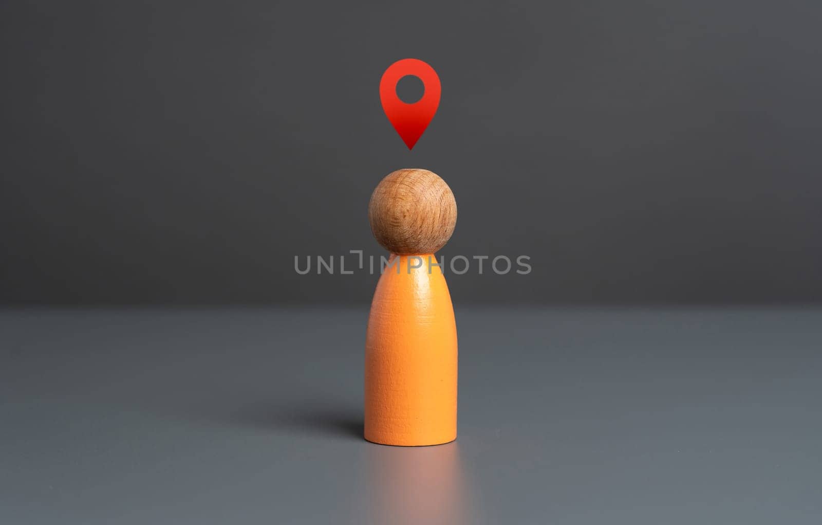 Person's location. Geolocation sign above head. Tracking and tracking people. Reveal your geolocation. Online dating. Tourism and interesting places nearby.