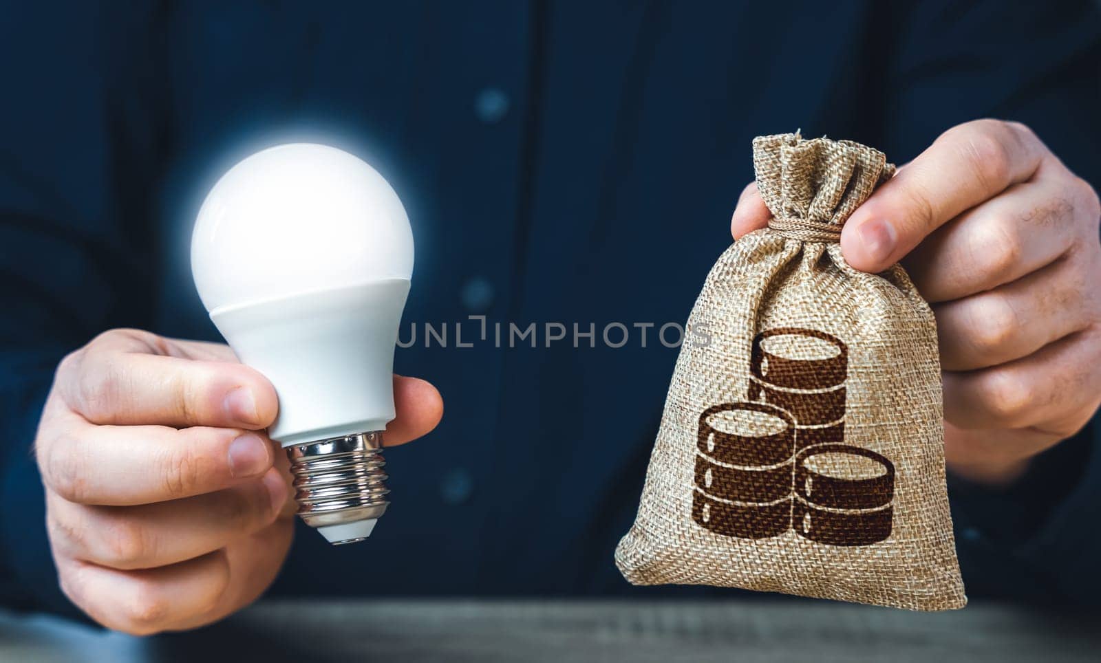 Businessman holding a glowing light bulb and a money bag. Investment in an idea. Reduce carbon footprint. Offering financial incentives to enhancing energy efficiency.