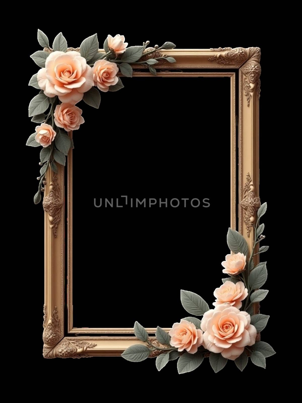 A vintage, ornate white frame decorated with a cluster of peach roses in the corners.
