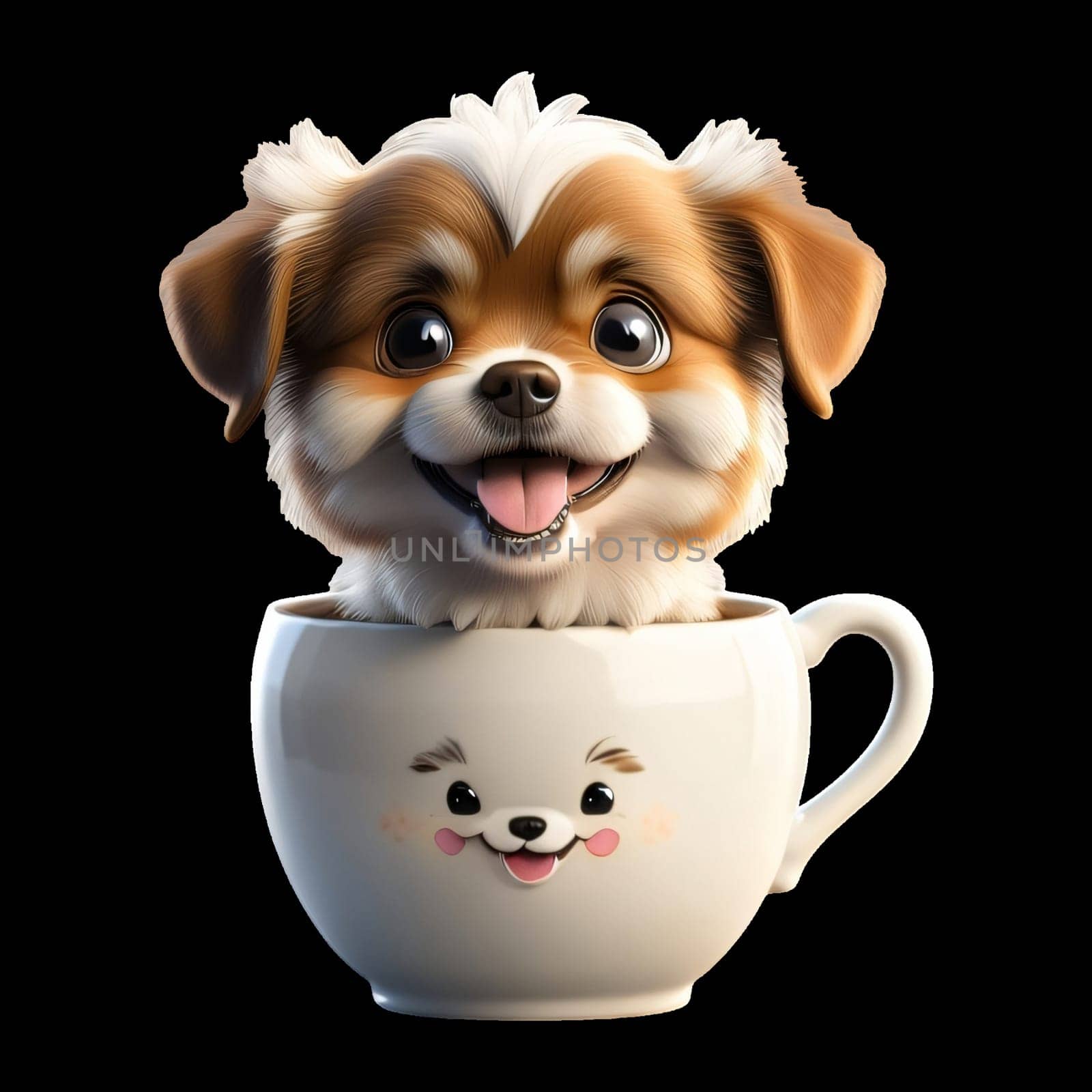 A cute, fluffy white and brown puppy peeks out of a white teacup with a cheerful expression.