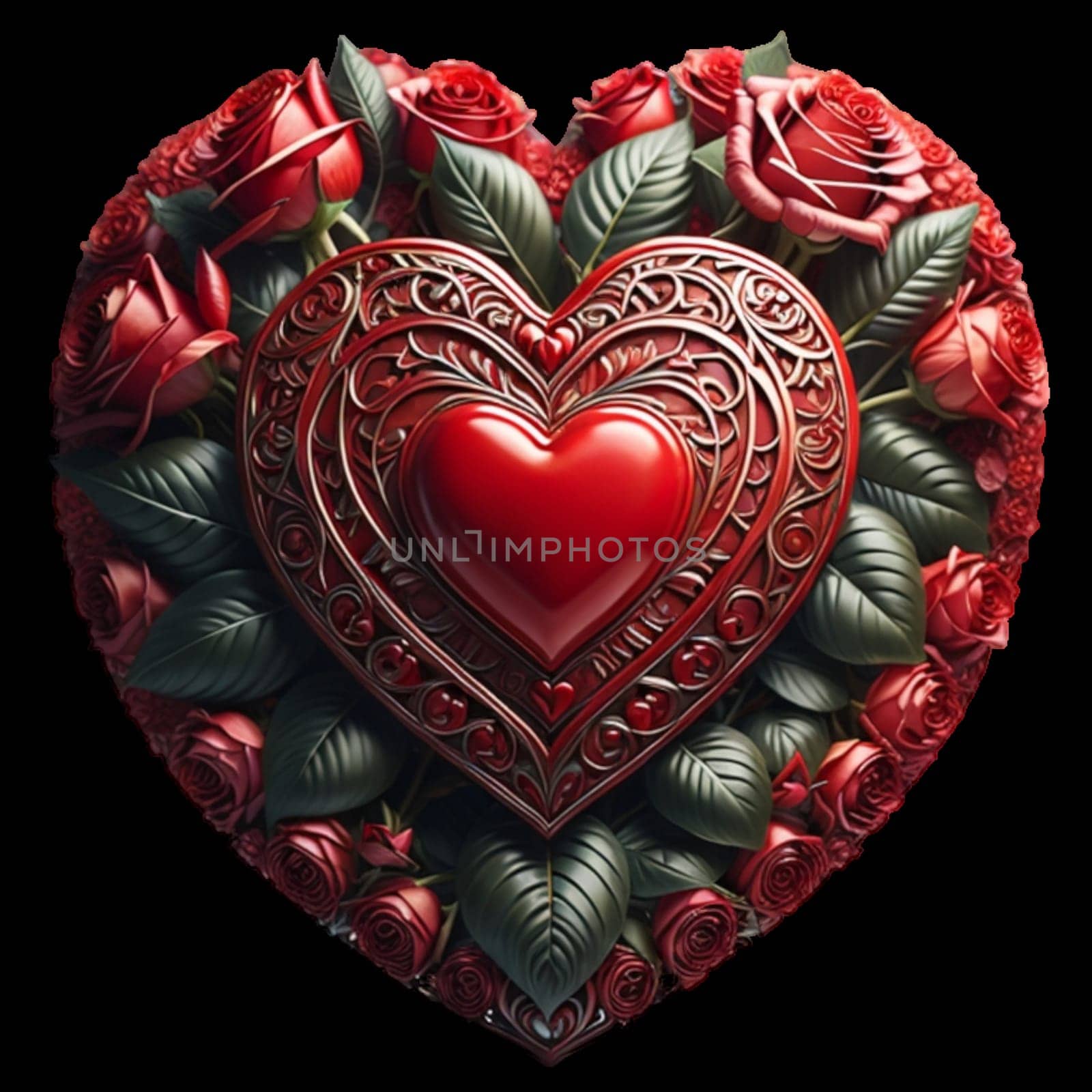 A heart-shaped illustration with intricate details and a vintage frame. It features a central red heart surrounded by red roses and green leaves.