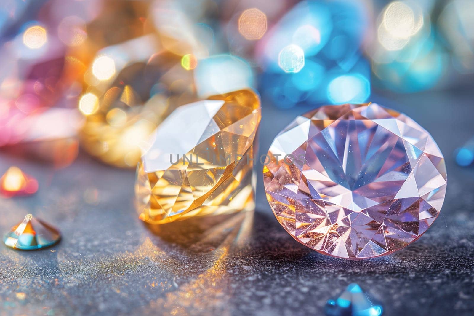 Macro shot of diamond facets reflecting light, showcasing clarity, precision, and captivating sparkle.
